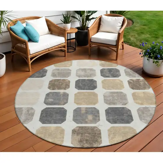 8' Ivory Beige And Charcoal Round Geometric Washable Indoor Outdoor Area Rug Photo 2