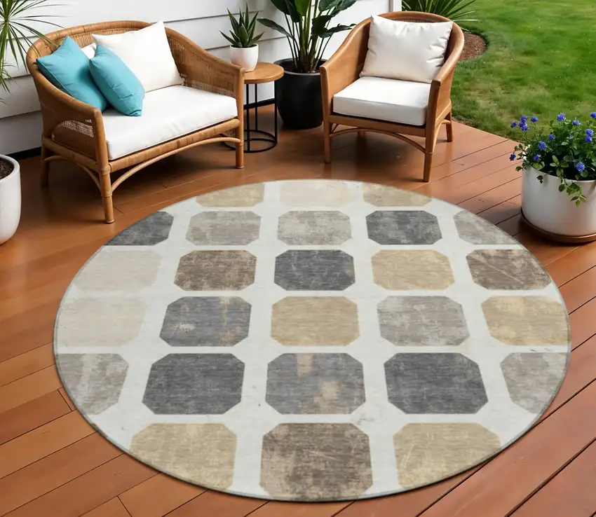 8' Ivory Beige And Charcoal Round Geometric Washable Indoor Outdoor Area Rug Photo 2