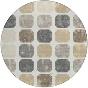 Photo of 8' Ivory Beige And Charcoal Round Geometric Washable Indoor Outdoor Area Rug