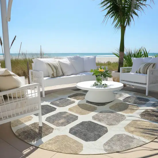 8' Ivory Beige And Charcoal Round Geometric Washable Indoor Outdoor Area Rug Photo 5