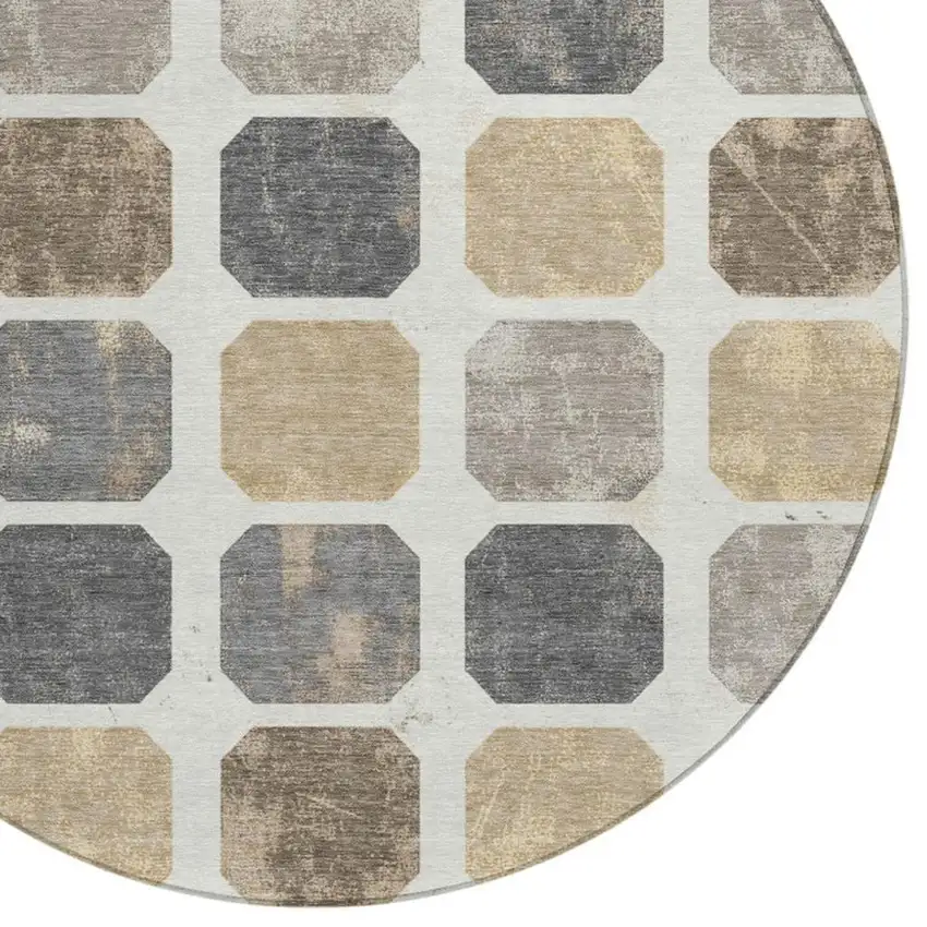 8' Ivory Beige And Charcoal Round Geometric Washable Indoor Outdoor Area Rug Photo 4