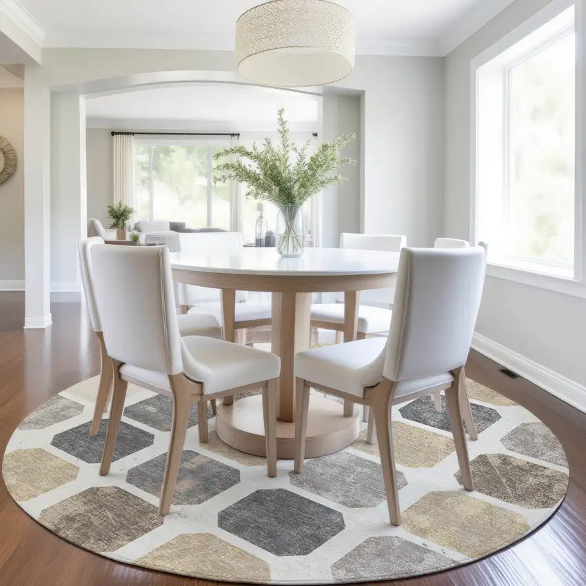 8' Ivory Beige And Charcoal Round Geometric Washable Indoor Outdoor Area Rug Photo 6