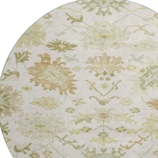 8' Ivory Beige And Copper Floral Medallion Washable Round Rug With UV Protection Photo 2