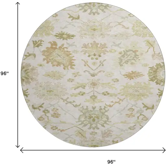 8' Ivory Beige And Copper Floral Medallion Washable Round Rug With UV Protection Photo 9