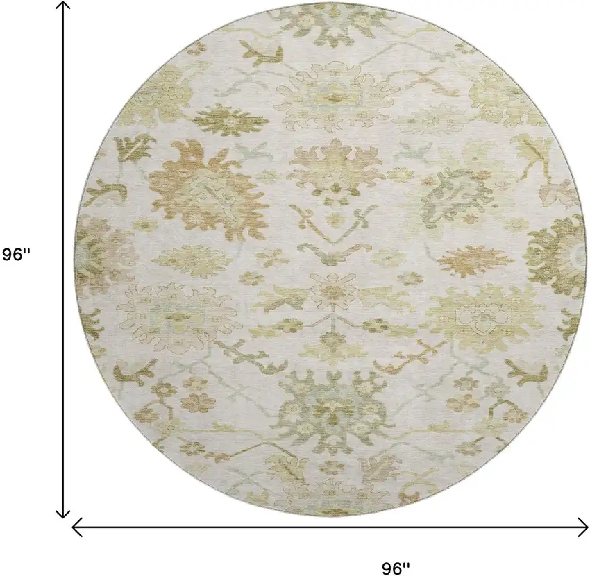 8' Ivory Beige And Copper Floral Medallion Washable Round Rug With UV Protection Photo 9