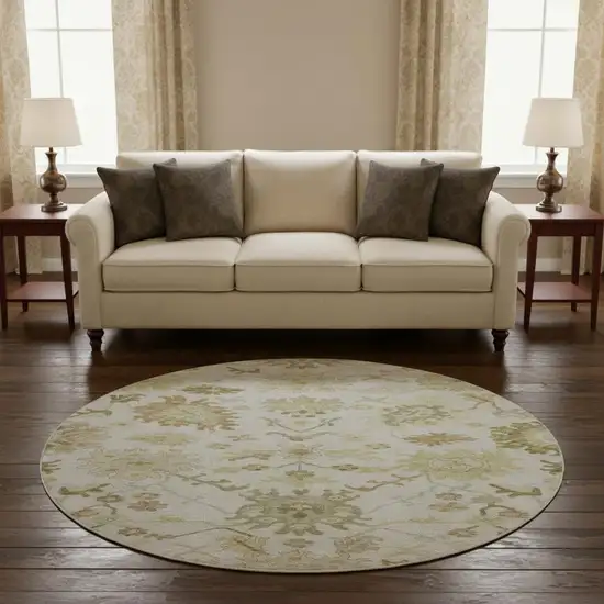 8' Ivory Beige And Copper Floral Medallion Washable Round Rug With UV Protection Photo 2