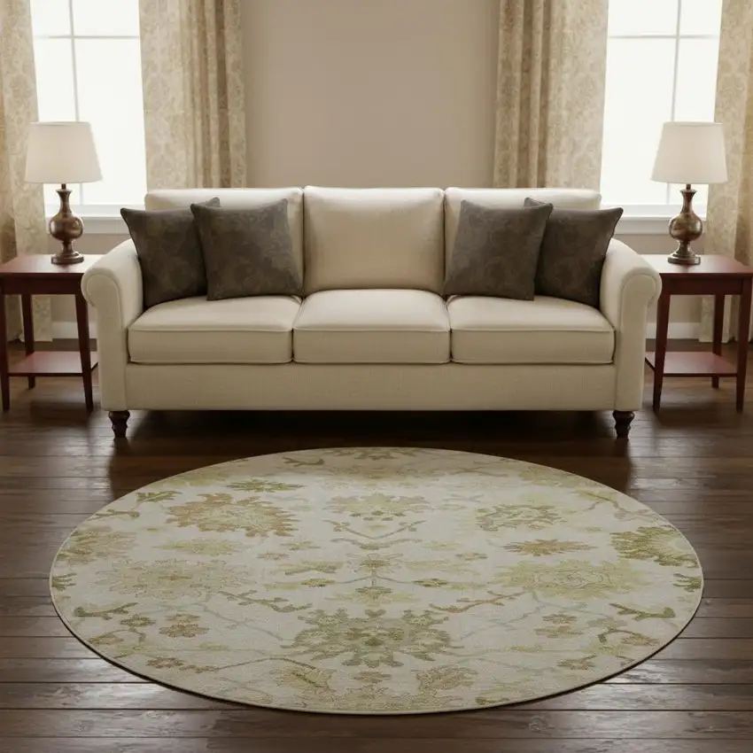 8' Ivory Beige And Copper Floral Medallion Washable Round Rug With UV Protection Photo 2