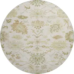 Photo of 8' Ivory Beige And Copper Floral Medallion Washable Round Rug With UV Protection