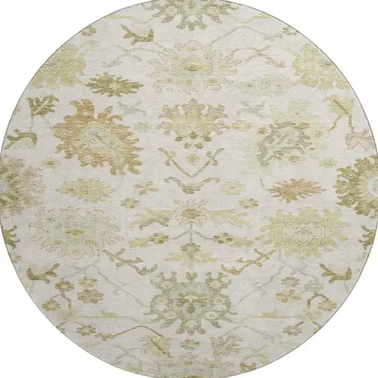 8' Ivory Beige And Copper Floral Medallion Washable Round Rug With UV Protection Photo 3