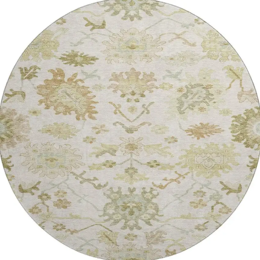 8' Ivory Beige And Copper Floral Medallion Washable Round Rug With UV Protection Photo 3