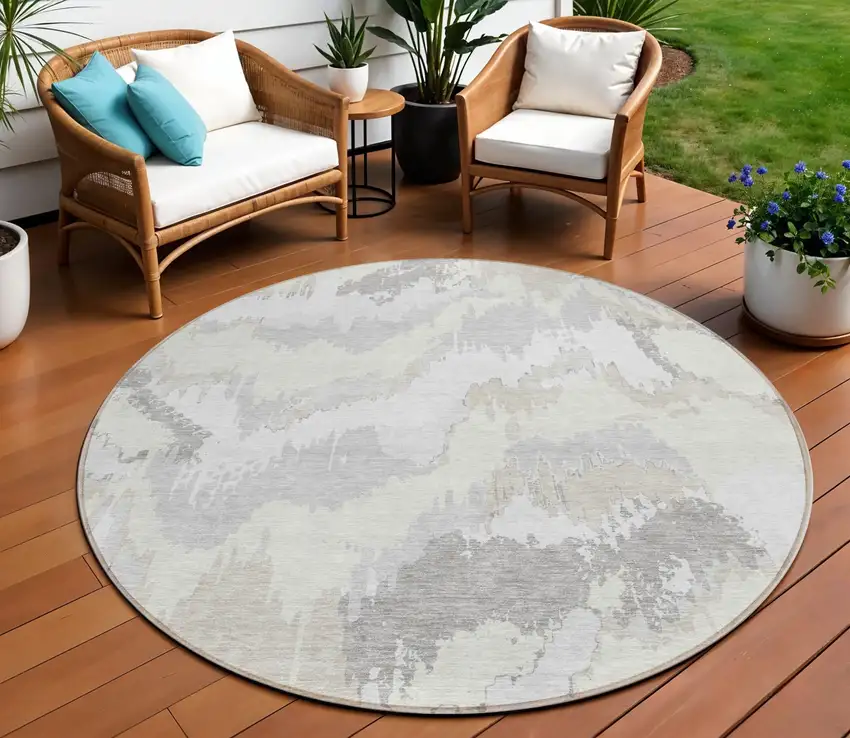 8' Ivory Beige And Cream Round Abstract Washable Indoor Outdoor Area Rug Photo 1