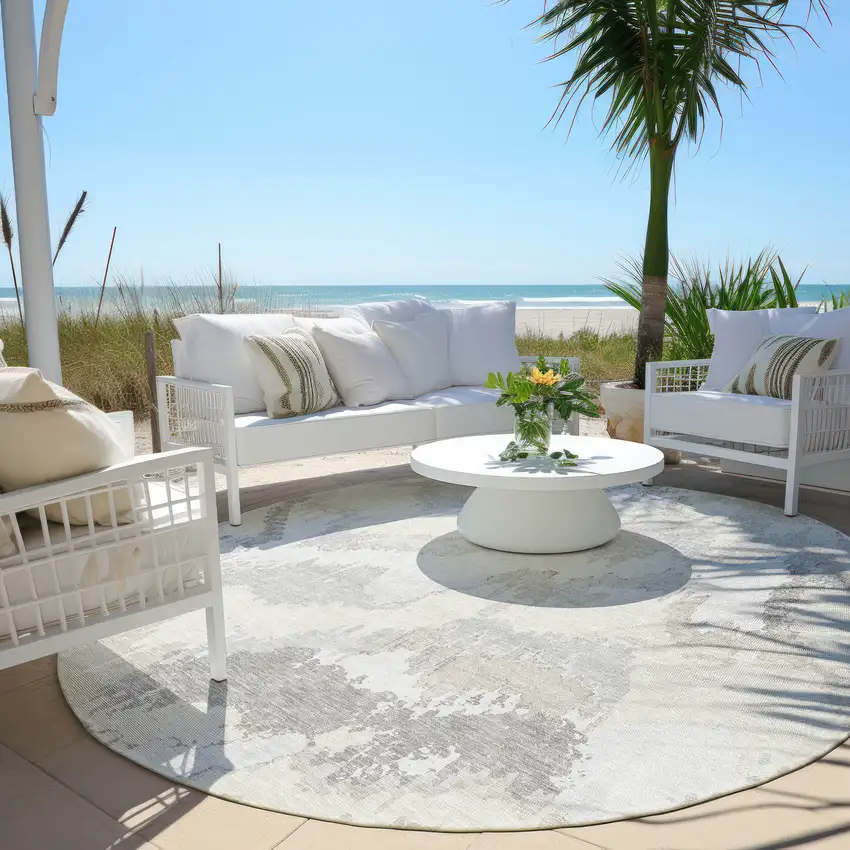 8' Ivory Beige And Cream Round Abstract Washable Indoor Outdoor Area Rug Photo 6