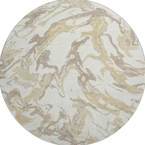8' Ivory Beige And Gold Abstract Washable Round Rug With UV Protection Photo 3