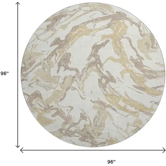 8' Ivory Beige And Gold Abstract Washable Round Rug With UV Protection Photo 9