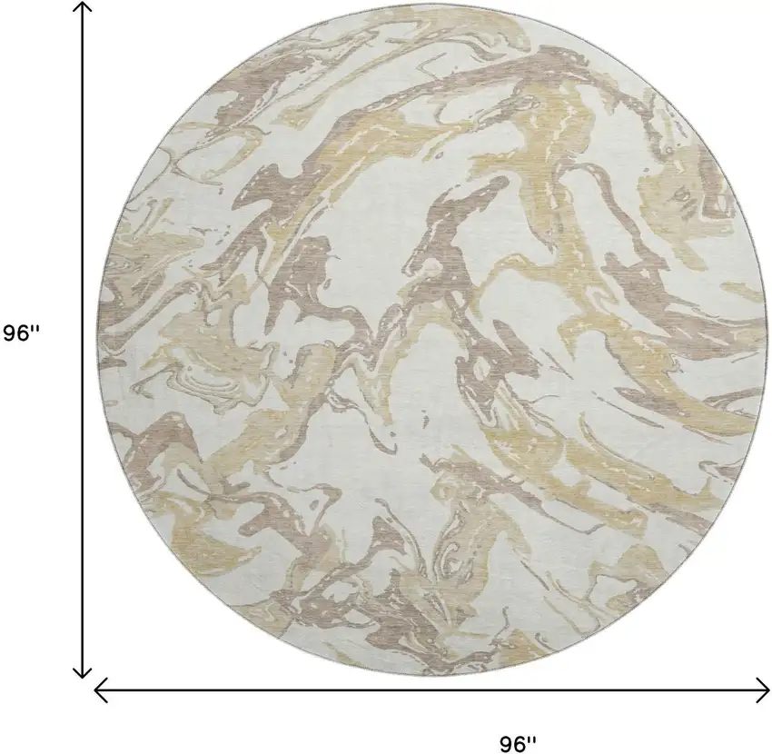 8' Ivory Beige And Gold Abstract Washable Round Rug With UV Protection Photo 9