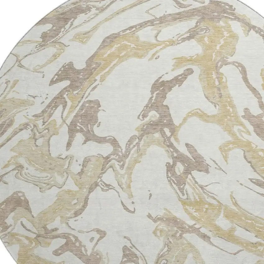 8' Ivory Beige And Gold Abstract Washable Round Rug With UV Protection Photo 2