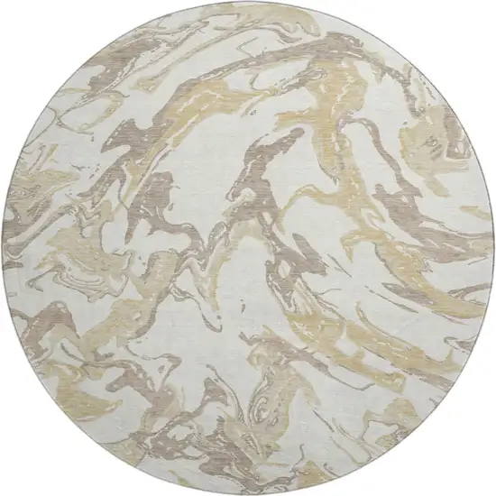 8' Ivory Beige And Gold Abstract Washable Round Rug With UV Protection Photo 1