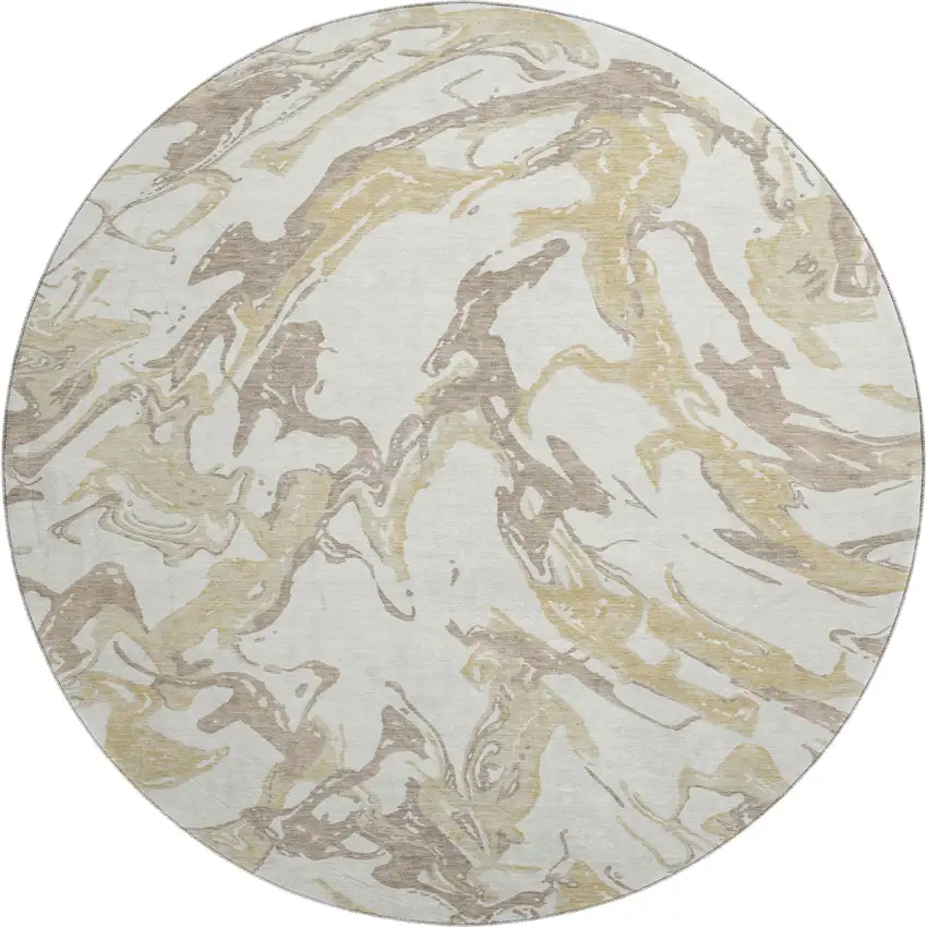 8' Ivory Beige And Gold Abstract Washable Round Rug With UV Protection Photo 1