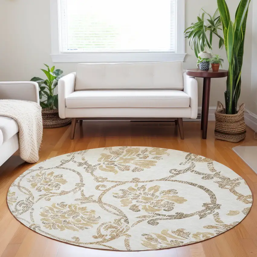 8' Ivory Beige And Gold Floral Washable Round Rug With UV Protection Photo 5