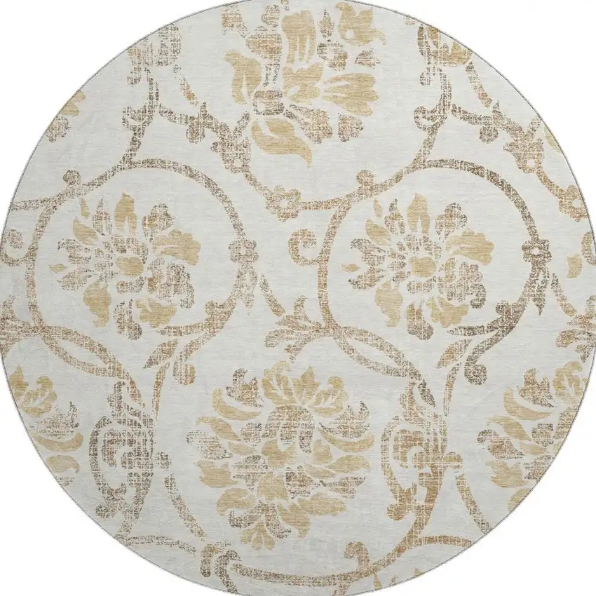 8' Ivory Beige And Gold Floral Washable Round Rug With UV Protection Photo 4