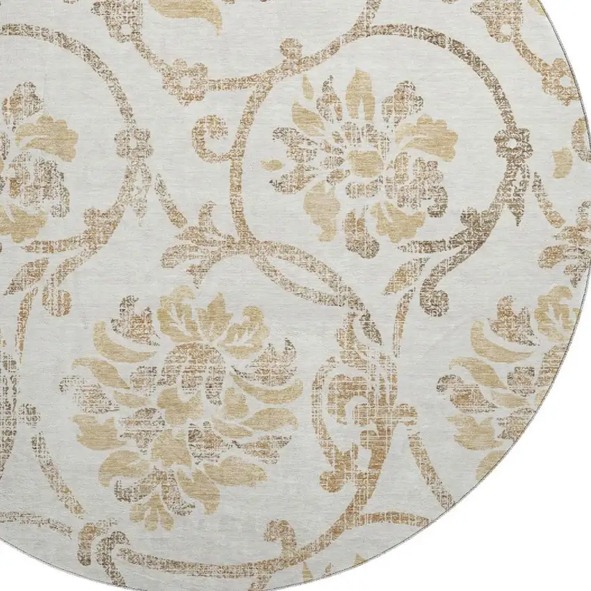 8' Ivory Beige And Gold Floral Washable Round Rug With UV Protection Photo 3