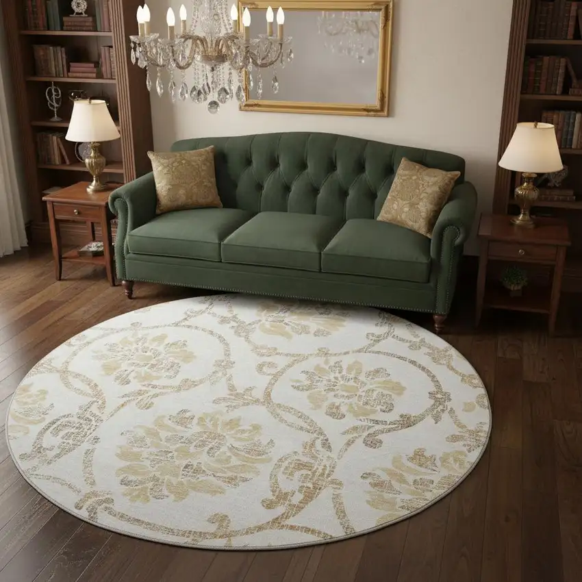 8' Ivory Beige And Gold Floral Washable Round Rug With UV Protection Photo 2