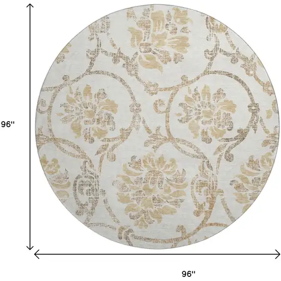 8' Ivory Beige And Gold Floral Washable Round Rug With UV Protection Photo 3