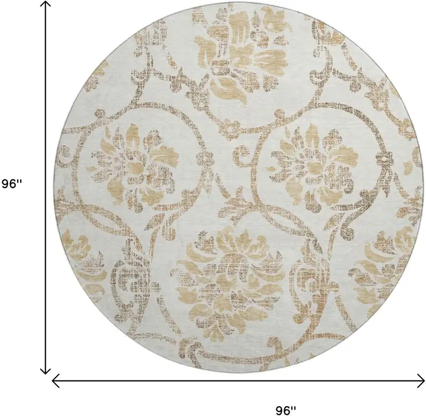 8' Ivory Beige And Gold Floral Washable Round Rug With UV Protection Photo 3