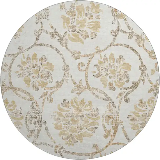 8' Ivory Beige And Gold Floral Washable Round Rug With UV Protection Photo 1