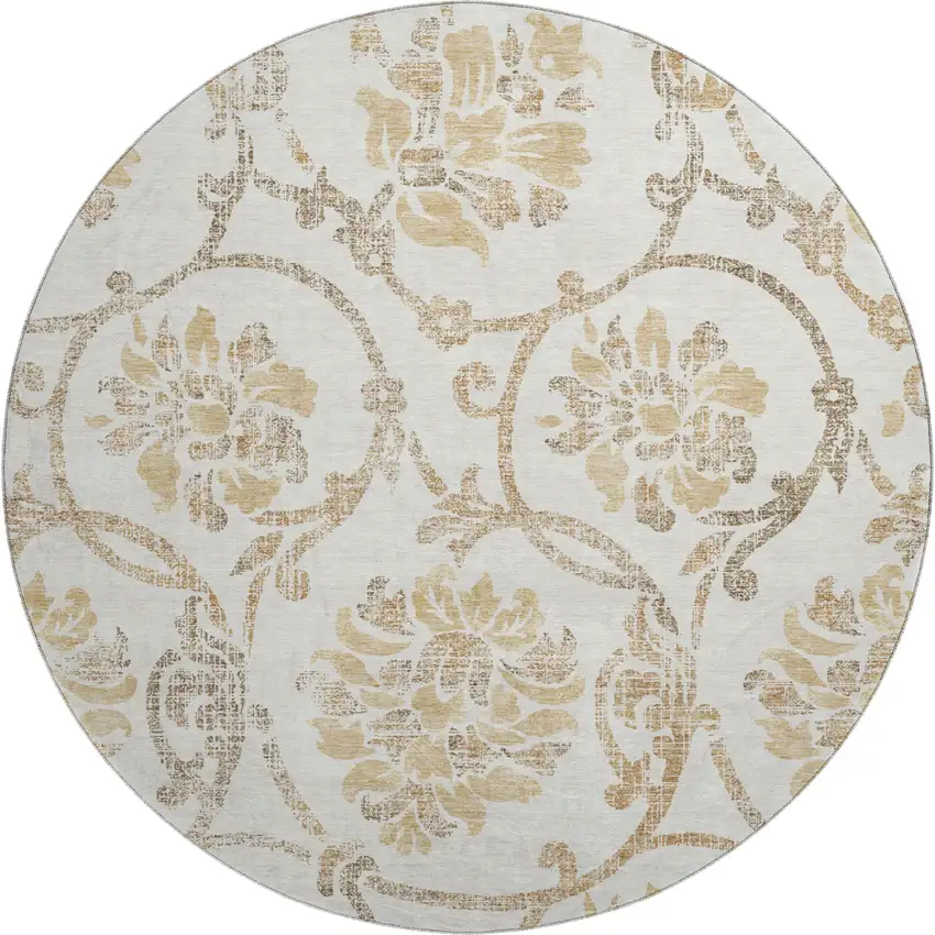 8' Ivory Beige And Gold Floral Washable Round Rug With UV Protection Photo 1