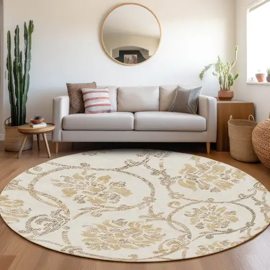 8' Ivory Beige And Gold Round Floral Washable Indoor Outdoor Area Rug Photo 7
