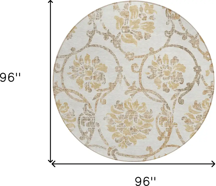 8' Ivory Beige And Gold Round Floral Washable Indoor Outdoor Area Rug Photo 8