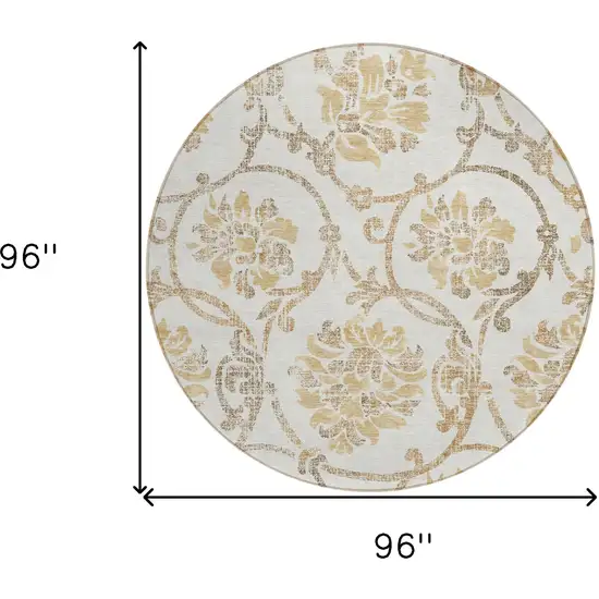 8' Ivory Beige And Gold Round Floral Washable Indoor Outdoor Area Rug Photo 8