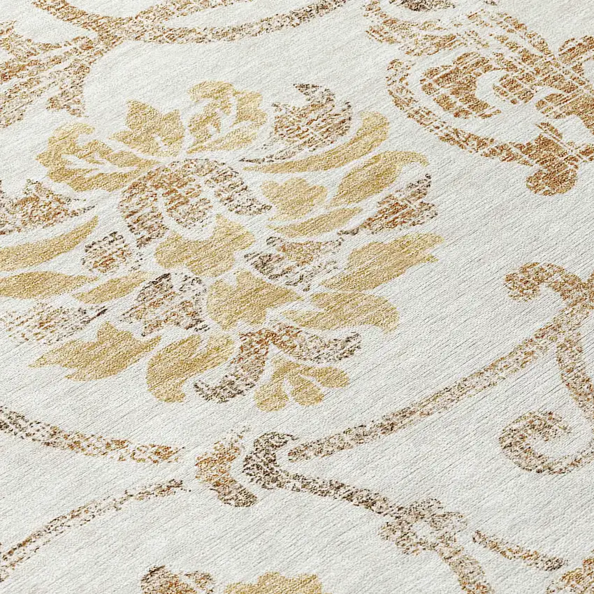 8' Ivory Beige And Gold Round Floral Washable Indoor Outdoor Area Rug Photo 9