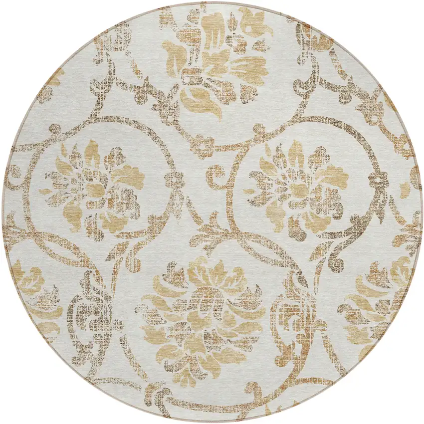 8' Ivory Beige And Gold Round Floral Washable Indoor Outdoor Area Rug Photo 1