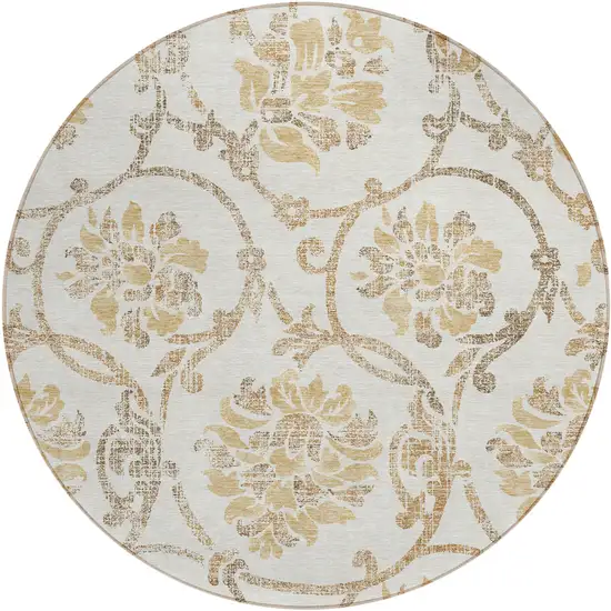 8' Ivory Beige And Gold Round Floral Washable Indoor Outdoor Area Rug Photo 1