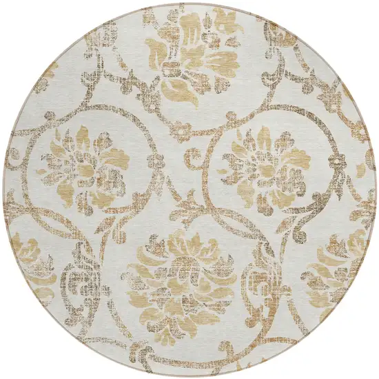 8' Ivory Beige And Gold Round Floral Washable Indoor Outdoor Area Rug Photo 1