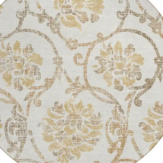 8' Ivory Beige And Gold Round Floral Washable Indoor Outdoor Area Rug Photo 4