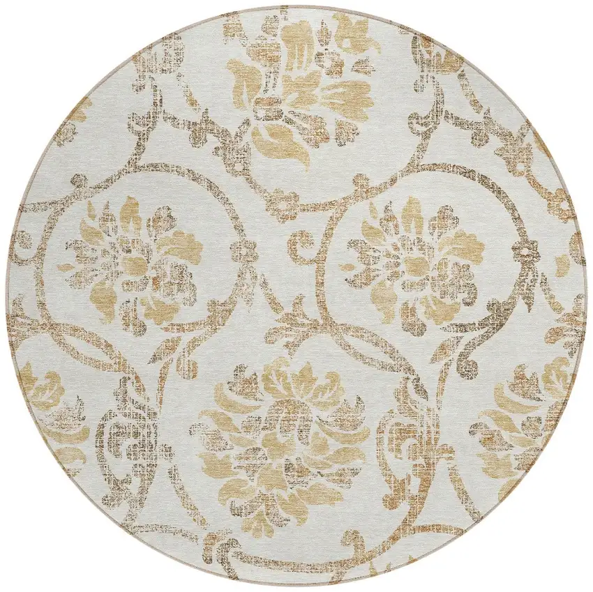 8' Ivory Beige And Gold Round Floral Washable Indoor Outdoor Area Rug Photo 5