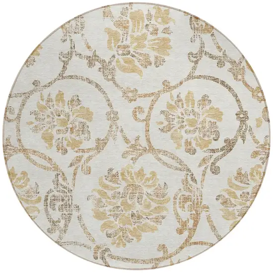 8' Ivory Beige And Gold Round Floral Washable Indoor Outdoor Area Rug Photo 5