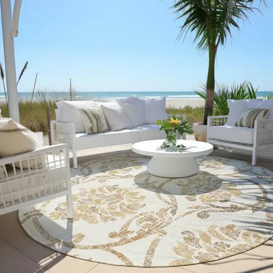 8' Ivory Beige And Gold Round Floral Washable Indoor Outdoor Area Rug Photo 6