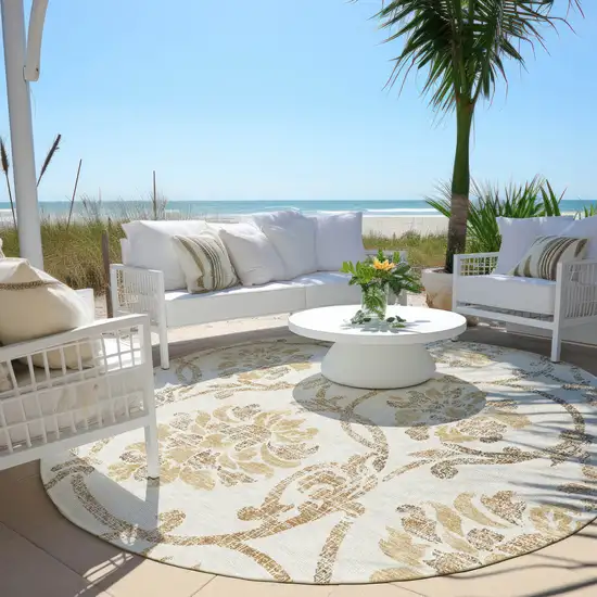 8' Ivory Beige And Gold Round Floral Washable Indoor Outdoor Area Rug Photo 6