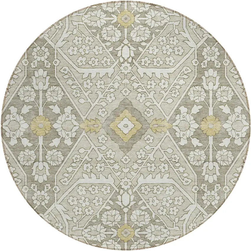 8' Ivory Beige And Gold Round Floral Washable Indoor Outdoor Area Rug Photo 2