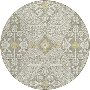 Photo of 8' Ivory Beige And Gold Round Floral Washable Indoor Outdoor Area Rug