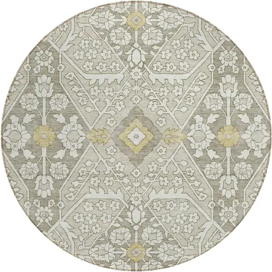 8' Ivory Beige And Gold Round Floral Washable Indoor Outdoor Area Rug Photo 2