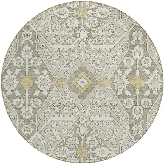 8' Ivory Beige And Gold Round Floral Washable Indoor Outdoor Area Rug Photo 2