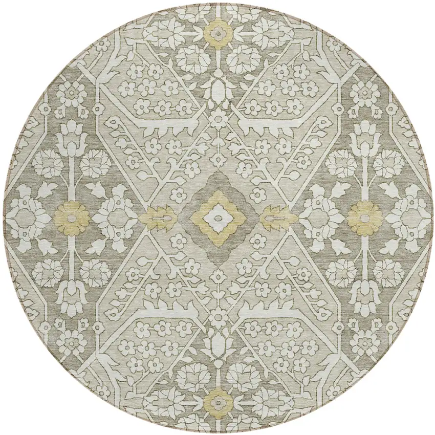 8' Ivory Beige And Gold Round Floral Washable Indoor Outdoor Area Rug Photo 2