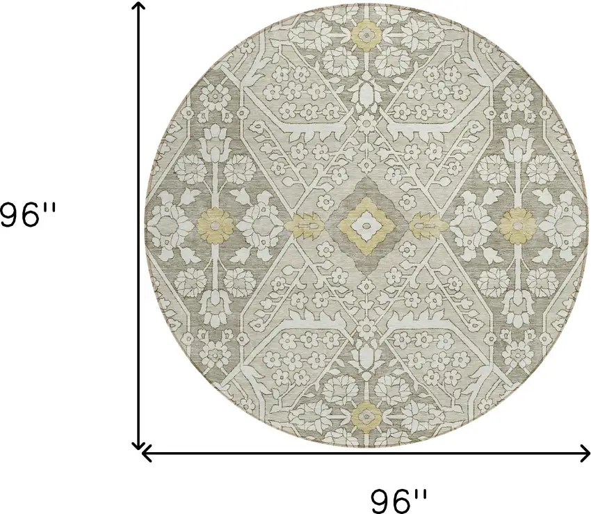 8' Ivory Beige And Gold Round Floral Washable Indoor Outdoor Area Rug Photo 3