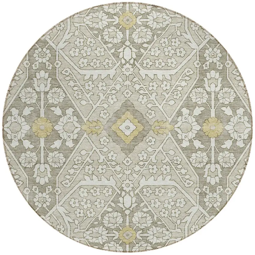 8' Ivory Beige And Gold Round Floral Washable Indoor Outdoor Area Rug Photo 6