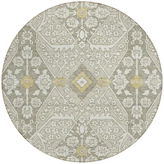 8' Ivory Beige And Gold Round Floral Washable Indoor Outdoor Area Rug Photo 6